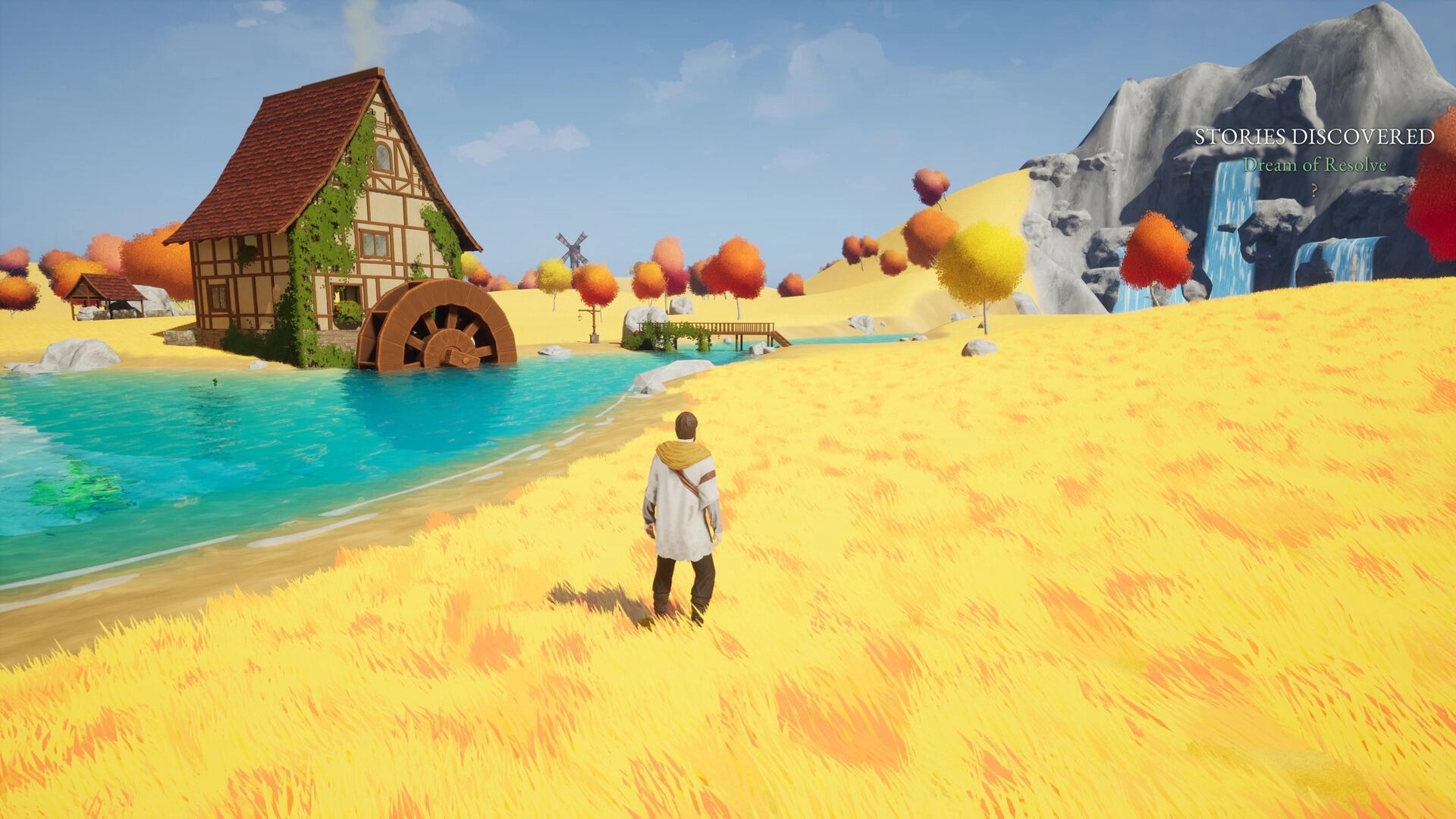 Kinsfolk: Character explores vibrant landscape near watermill and stream with autumn trees and mountains.