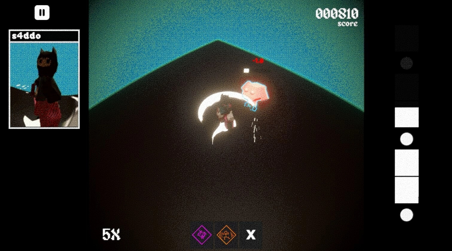 Kioku: Character s4ddo battles glowing enemy on dark platform with score and abilities displayed