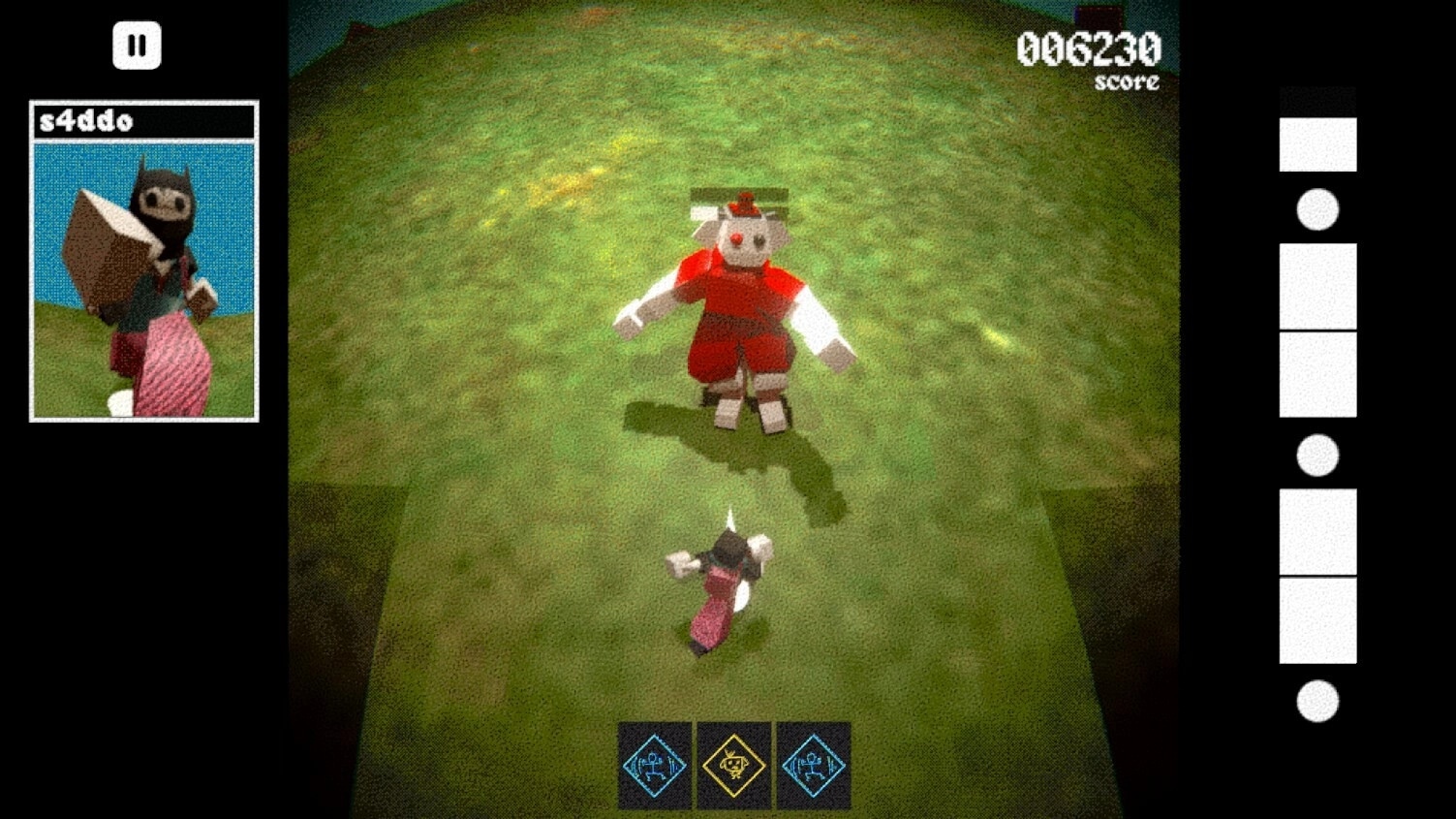 Kioku: Character "s4ddo" faces a giant enemy on grassy terrain with score and abilities displayed