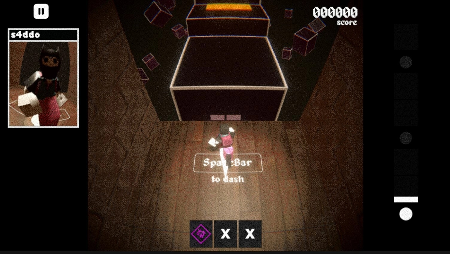 Kioku: Character s4ddo dashes towards a glowing door in a dimly lit, abstract wooden corridor.