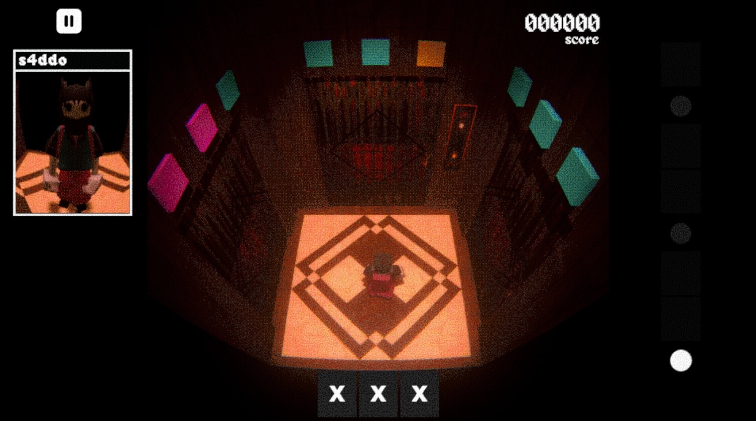 Kioku: Character "s4ddo" stands in an elevator room with colorful panels and a score display.