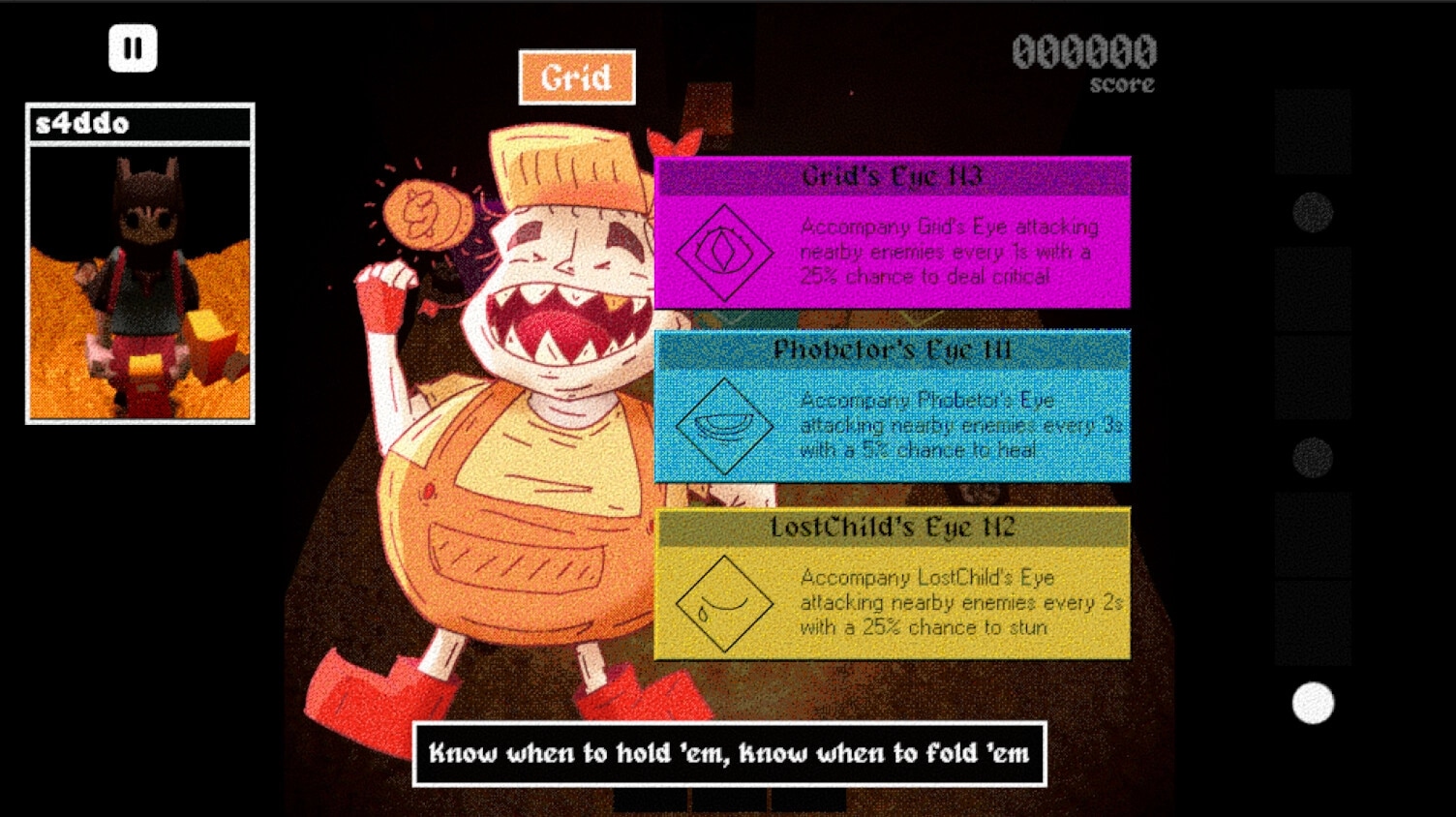 Kioku: Character "s4ddo" displayed with abilities menu featuring Grid, Phobetor, and LostChild skills.