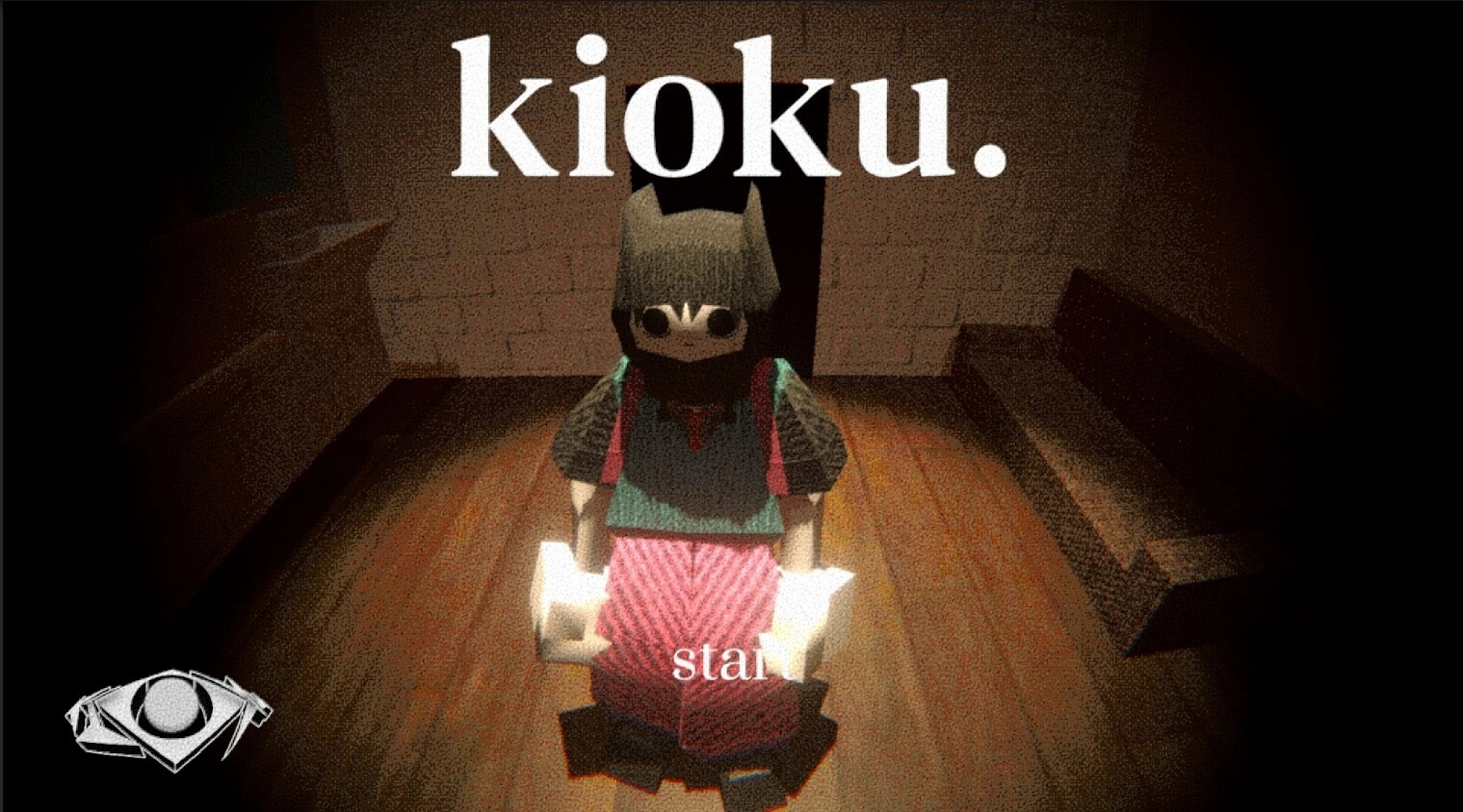 Kioku: Main character stands in dimly lit room with "start" prompt, shadowed walls, and wooden floor.
