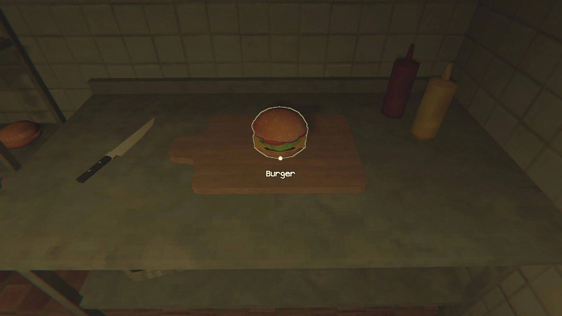 Kiosk: Burger preparation on a cutting board with condiments and knife on a kitchen counter