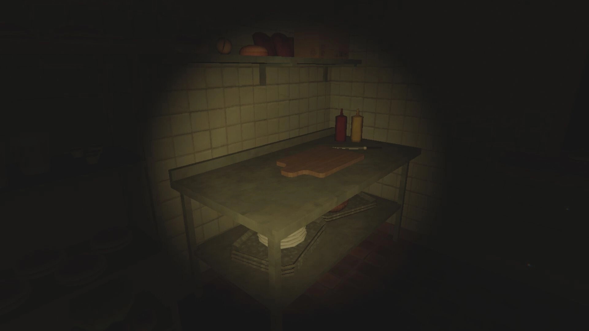 Kiosk: Dimly lit kitchen counter with cutting board, knife, and condiments in cozy, rain-soaked kiosk.
