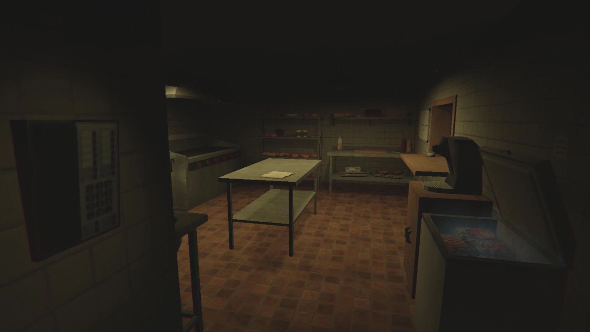 Kiosk: Dimly lit kitchen with prep tables, shelves of ingredients, and an open freezer in cozy setting