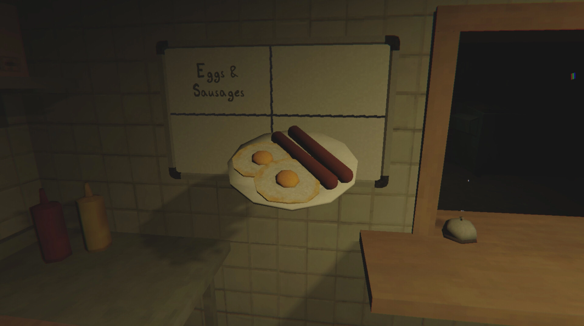 Kiosk: Plate with eggs and sausages under menu board in dimly lit kiosk kitchen