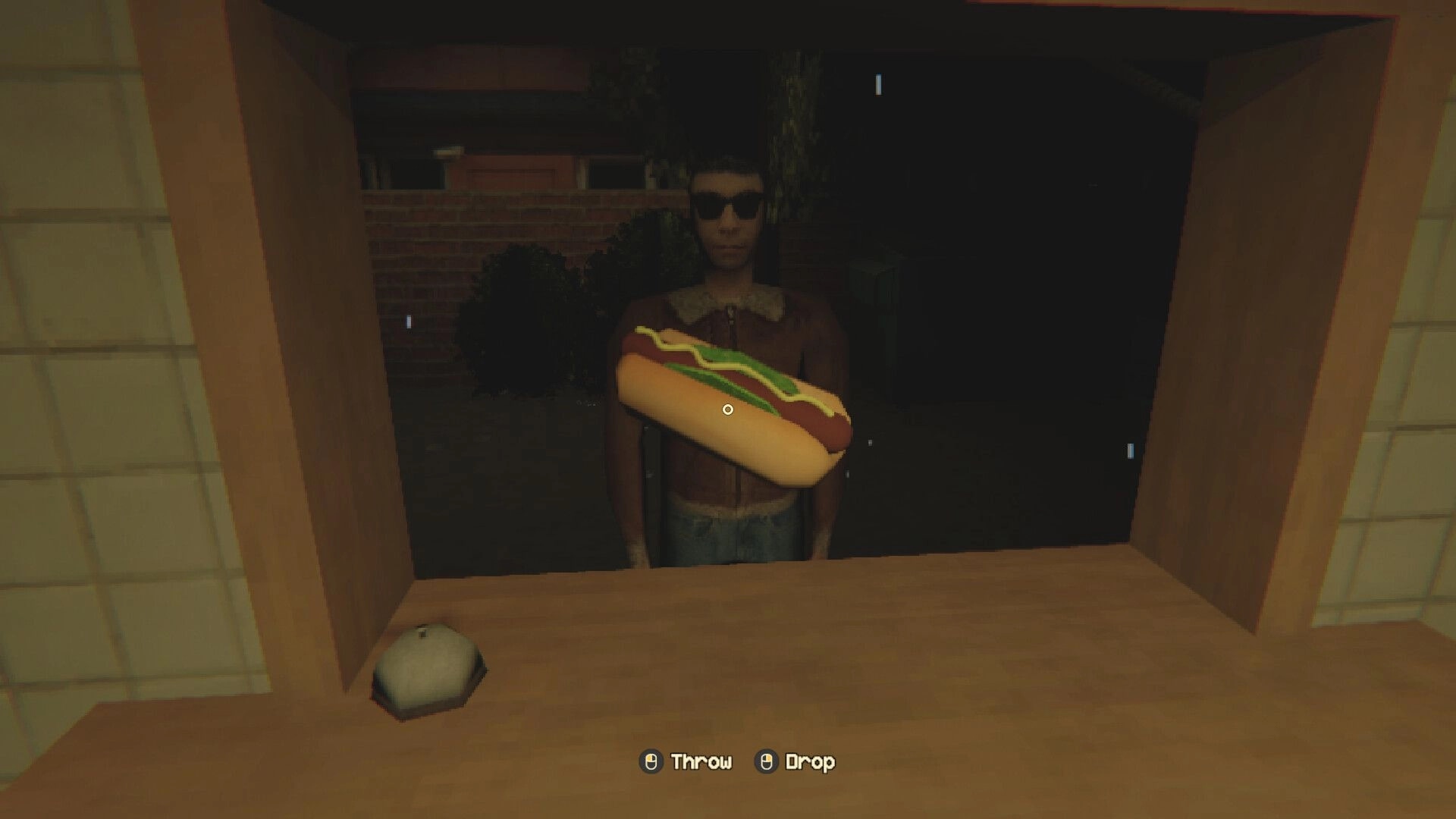Kiosk: Serving a hotdog to a mysterious customer at night, options to throw or drop item shown