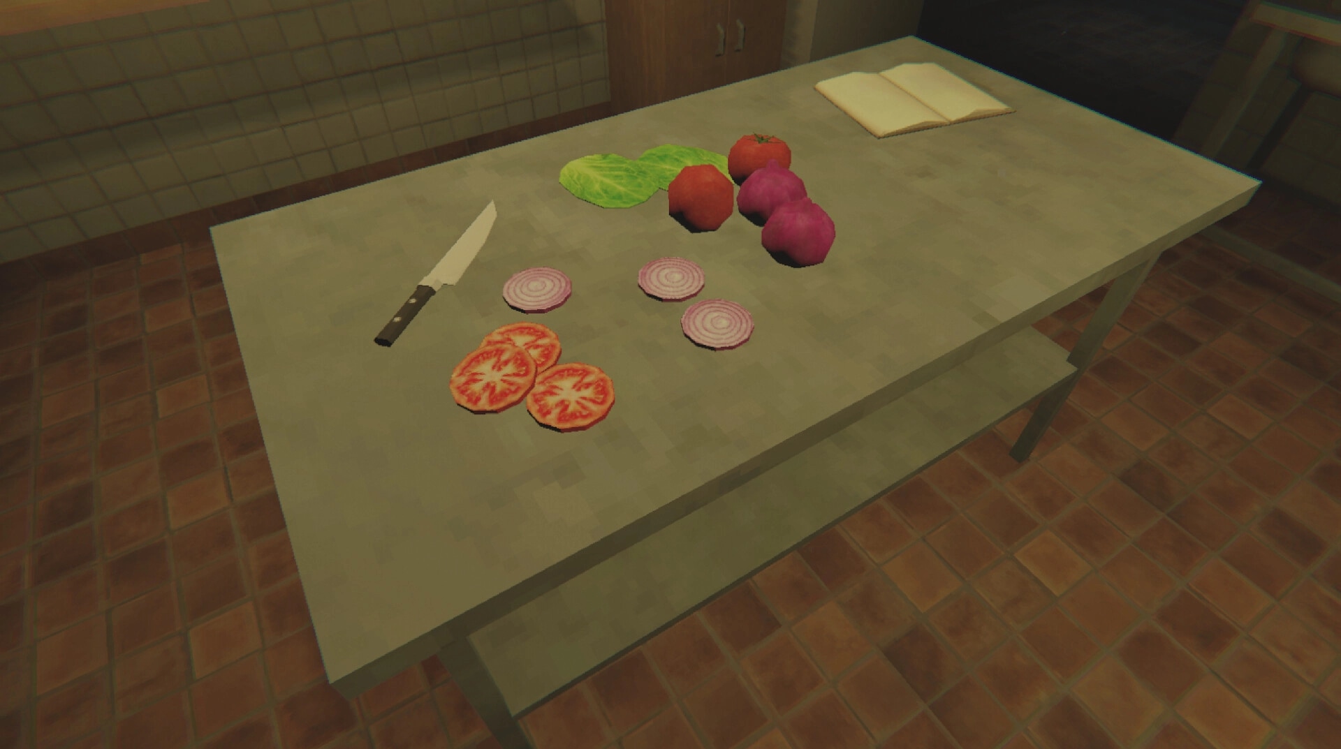 Kiosk: Chopping ingredients on a kitchen counter with a knife, tomatoes, onions, and an open recipe book