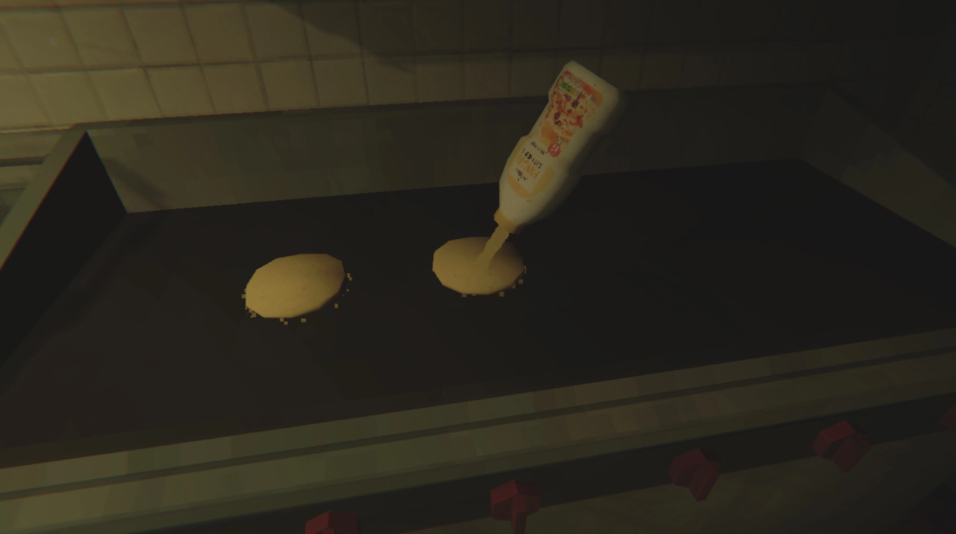 Kiosk: Pancake batter poured onto griddle in dimly lit, tiled kitchen setting