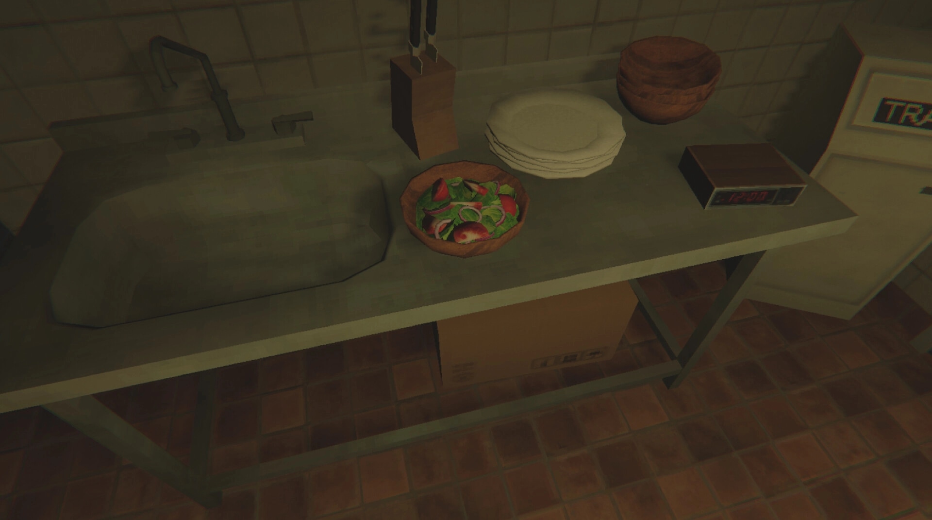 Kiosk: Kitchen counter with salad bowl, stacked plates, and a clock showing midnight in dimly lit setting.