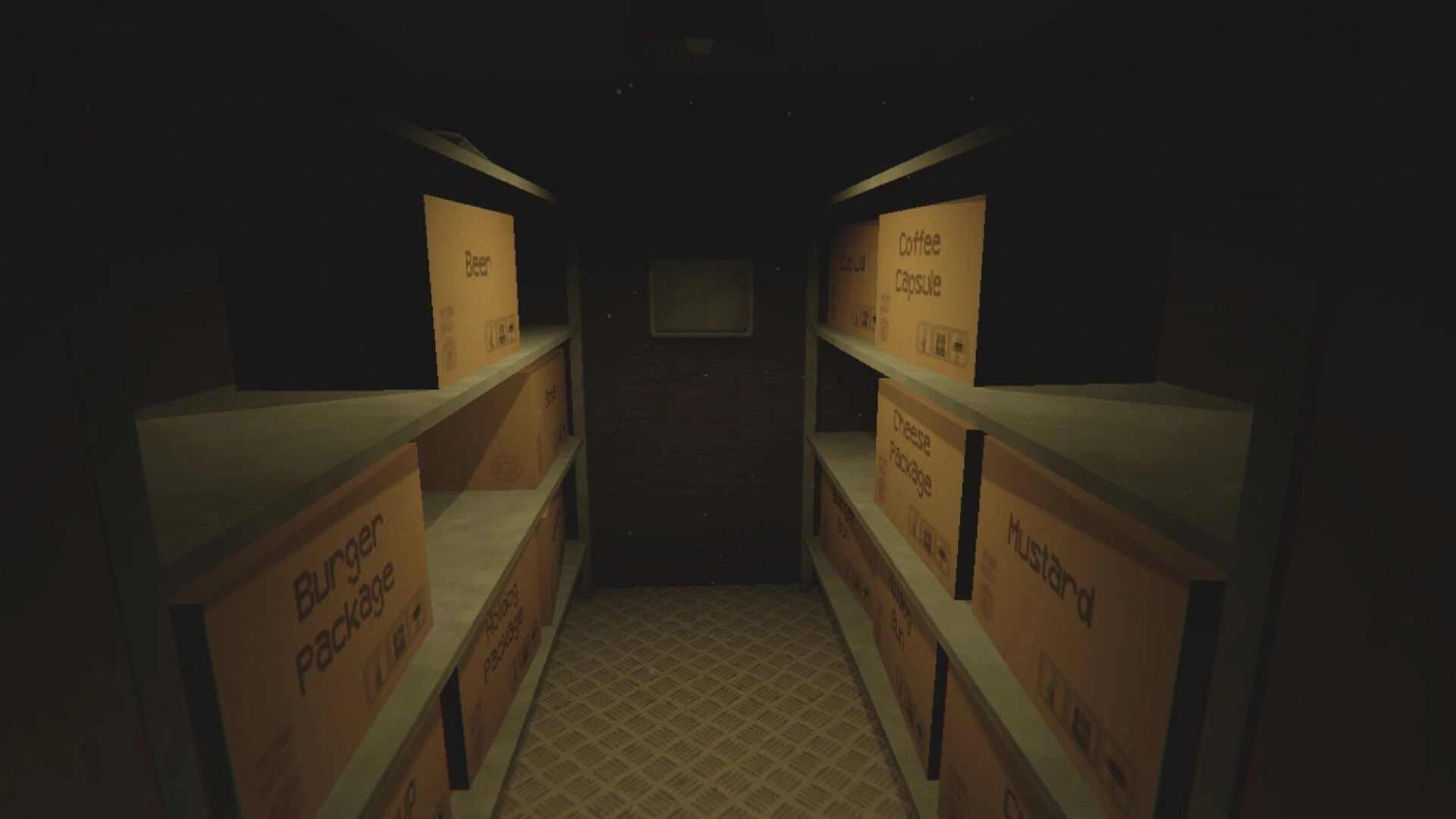 Kiosk: Dimly lit storage room with shelves stocked with labeled boxes like "Burger Package" and "Mustard"