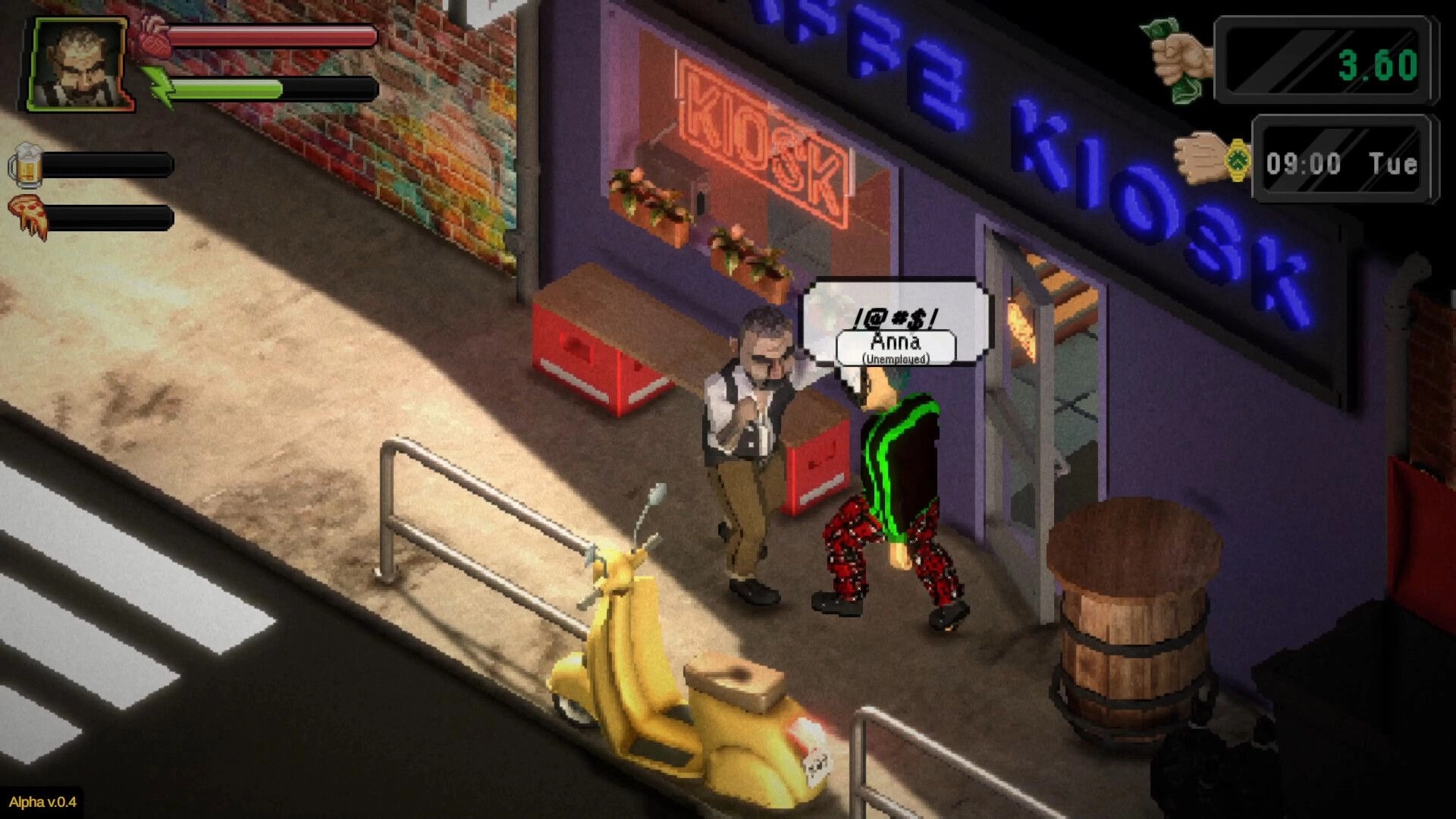 Kiosk Simulator: Character Anna arguing outside a neon-lit kiosk entrance with UI elements visible.