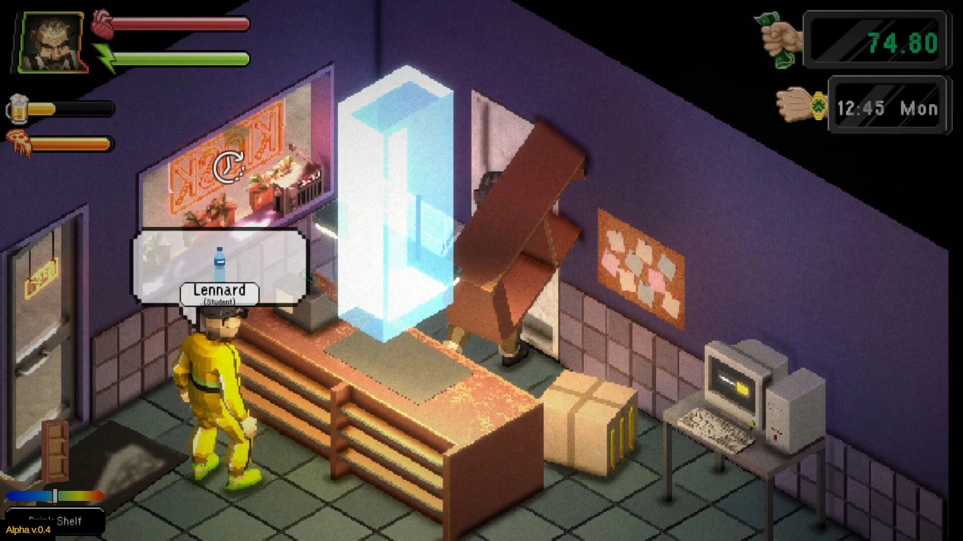 Kiosk Simulator: Lennard in yellow suit managing kiosk interior with computer and stacked boxes nearby