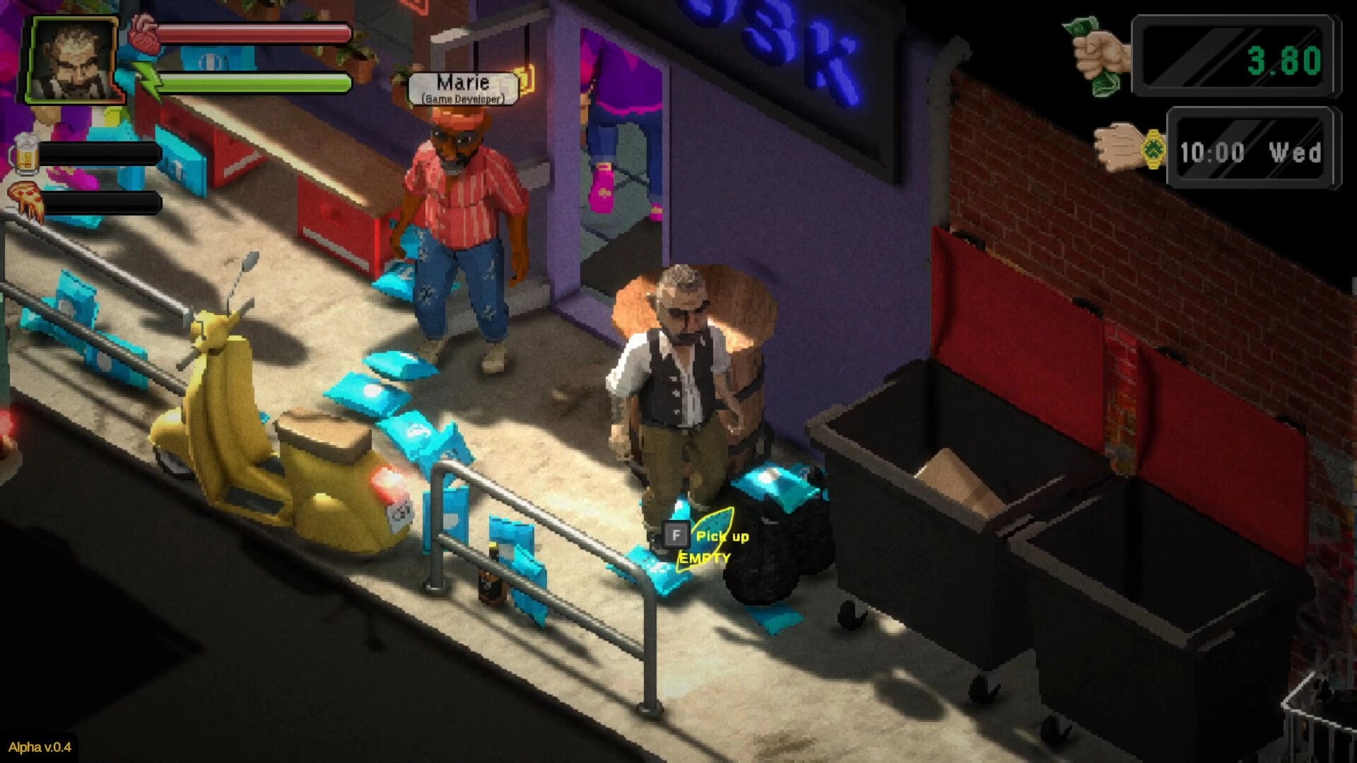 Kiosk Simulator: Character standing near kiosk entrance with scattered items and UI elements visible