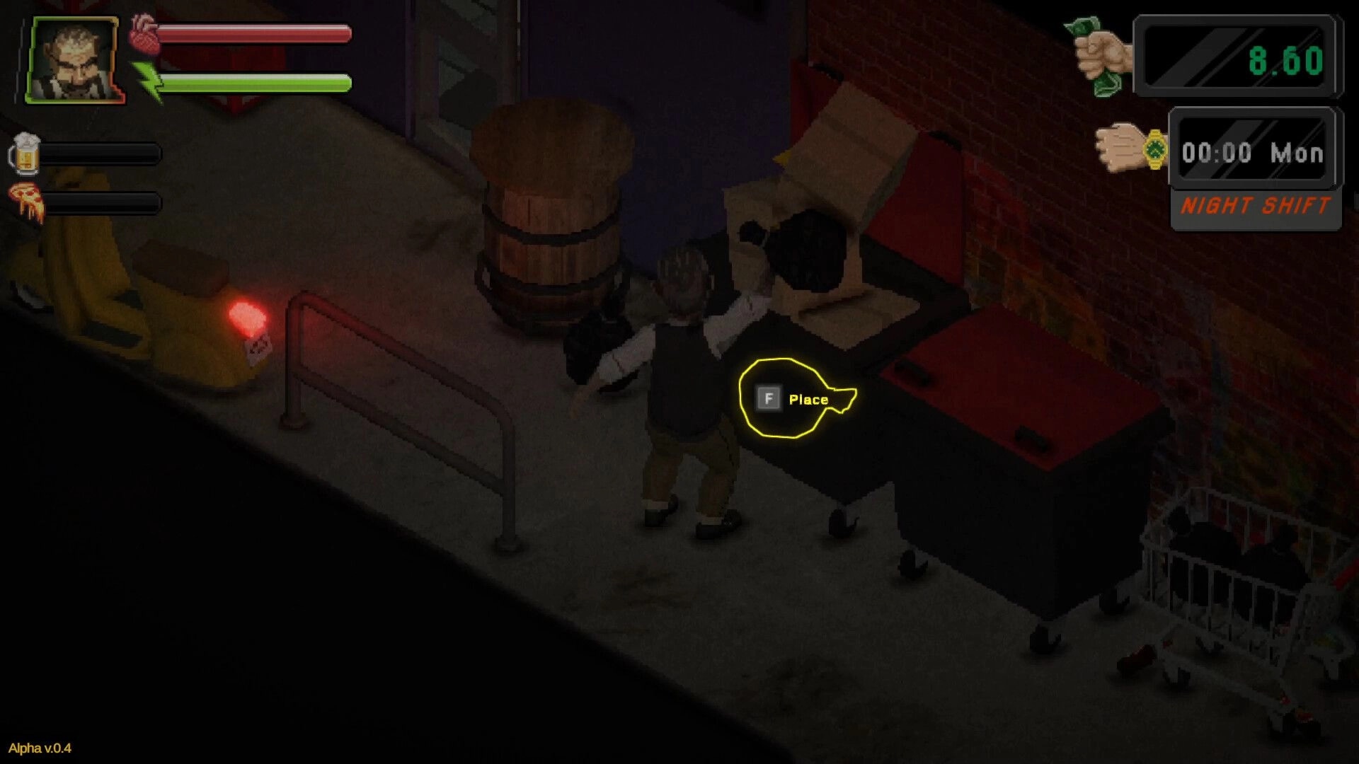 Kiosk Simulator: Player prepares items at night beside a scooter and trash bins in a dimly lit alley.