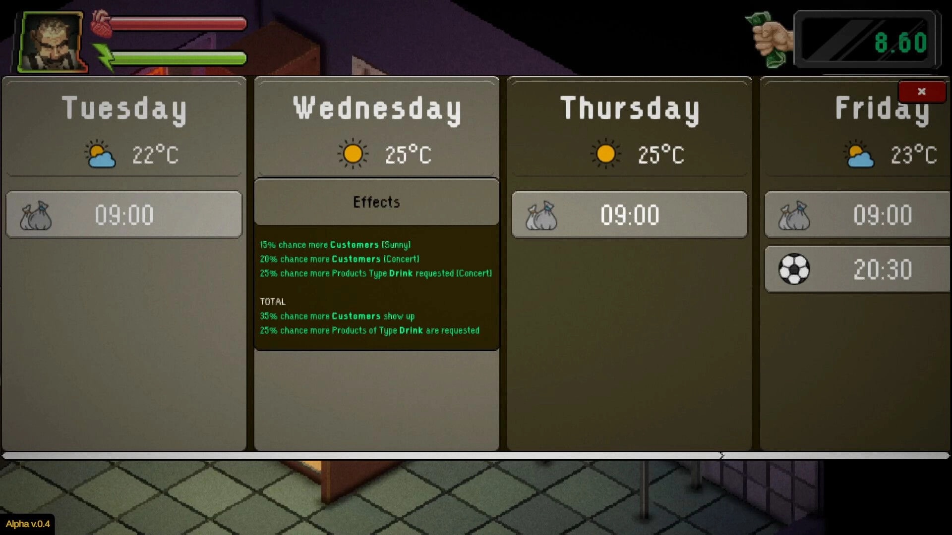 Kiosk Simulator: Weekly schedule with weather forecasts and customer effect probabilities displayed