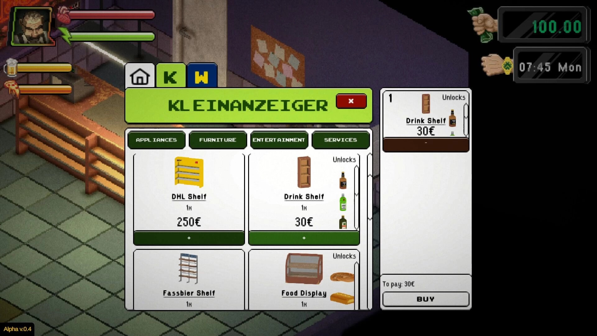 Kiosk Simulator: Shop interface with appliance, furniture, and entertainment categories in a dim kiosk setting.