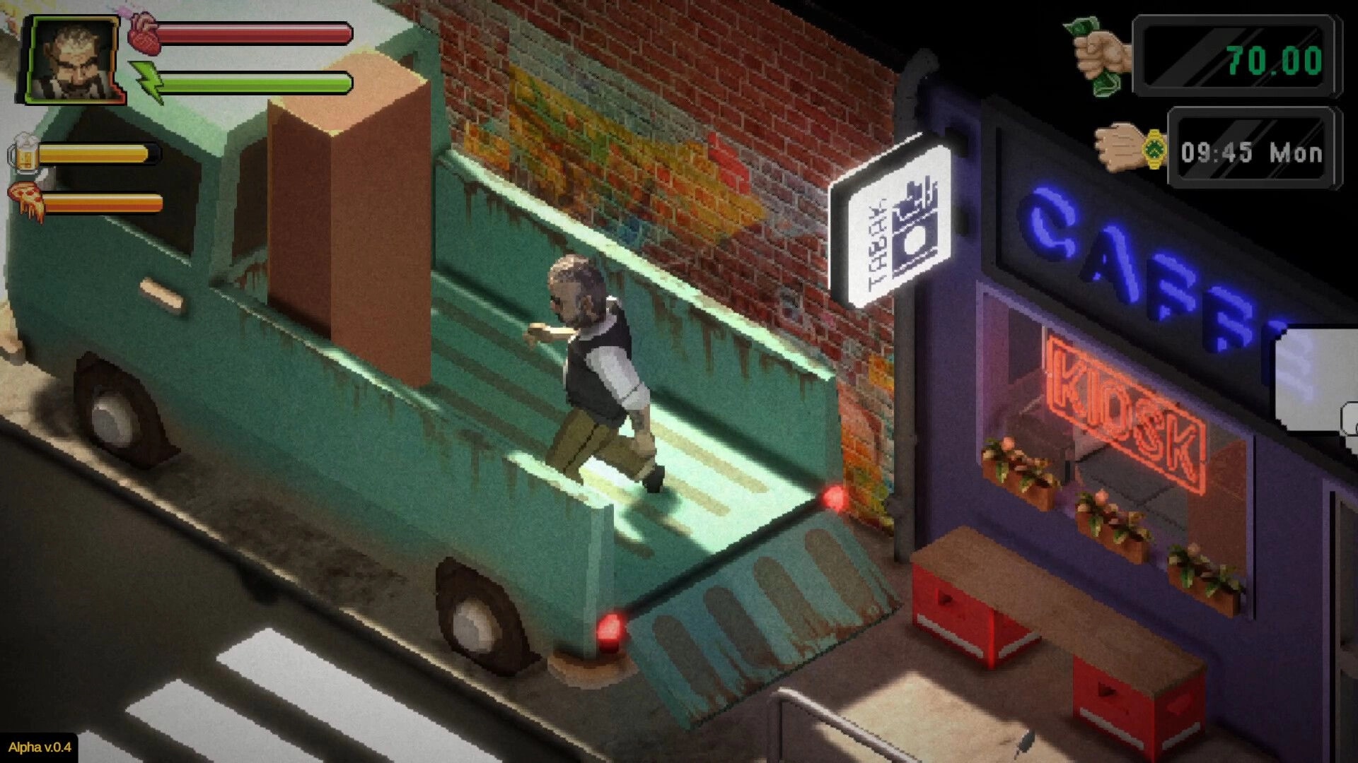 Kiosk Simulator: Character unloading boxes from a truck beside a neon-lit kiosk in a rainy city alley