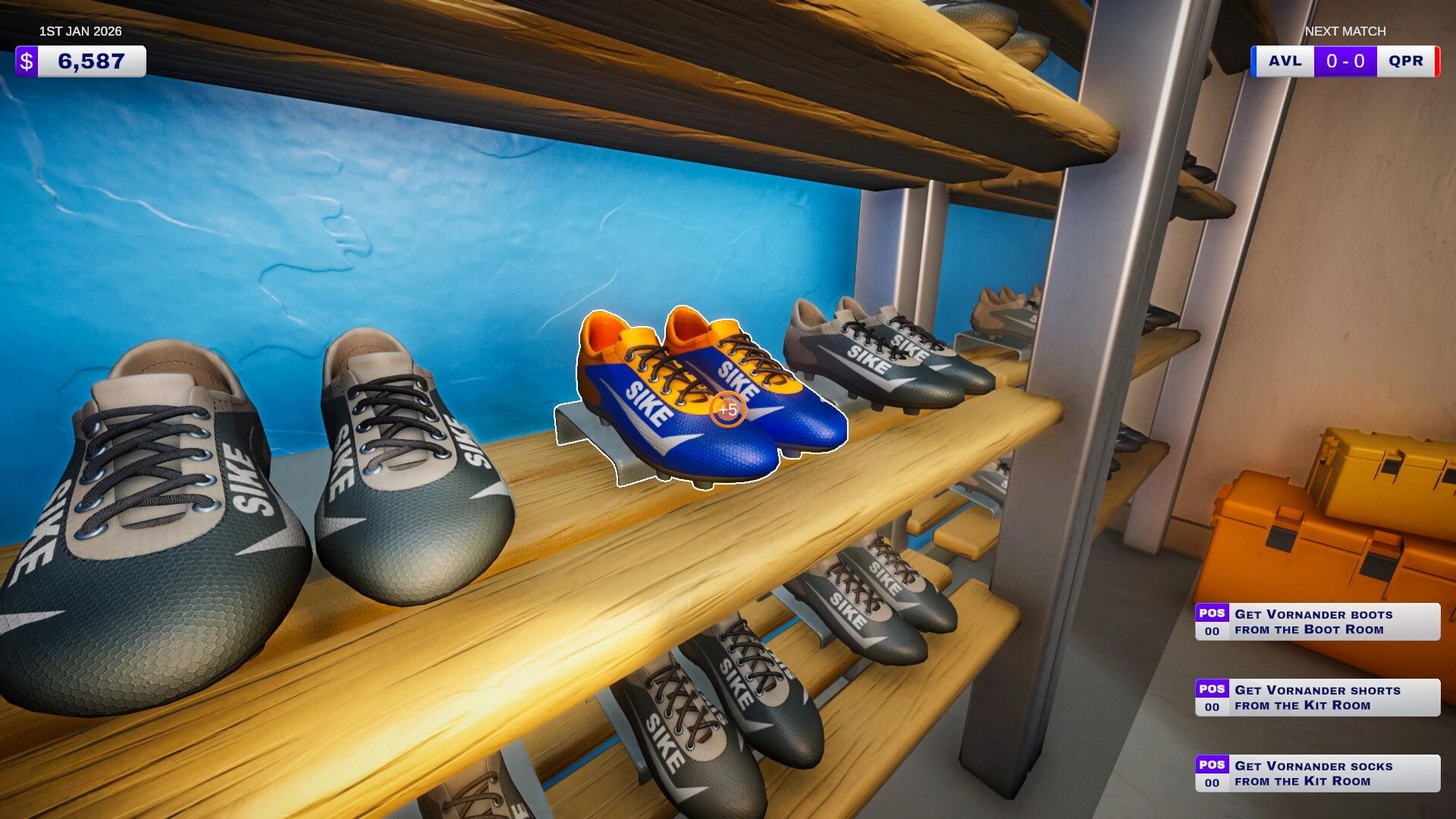 Kitman: Selecting orange and blue football boots on storage shelves in the stadium boot room UI.