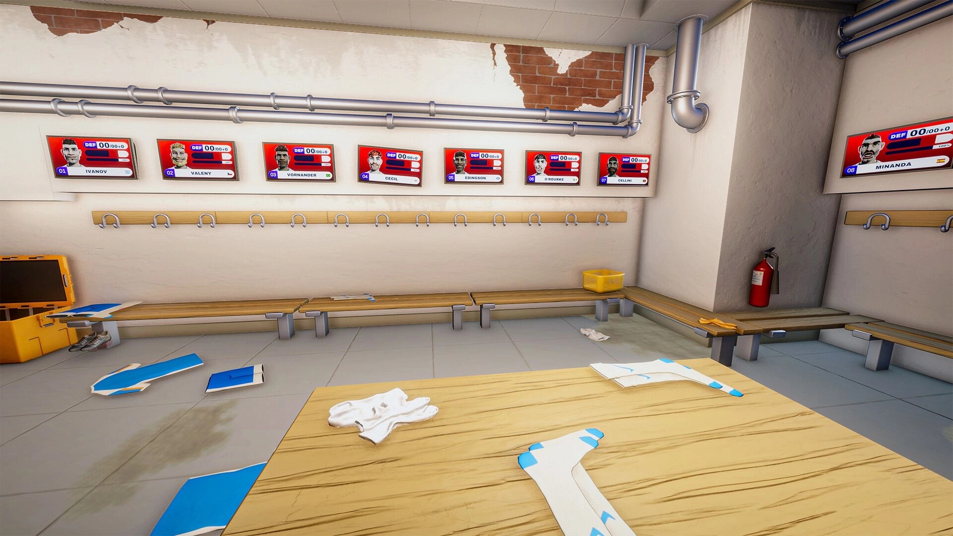 Kitman: Locker room with scattered jerseys and tools beneath player stat screens on brick walls.