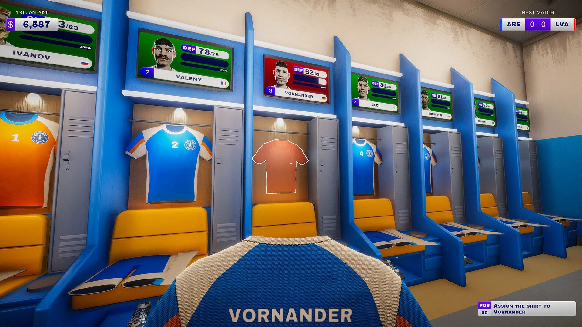 Kitman: Assigning a jersey to Vornander in a stadium locker room with player stat panels overhead.