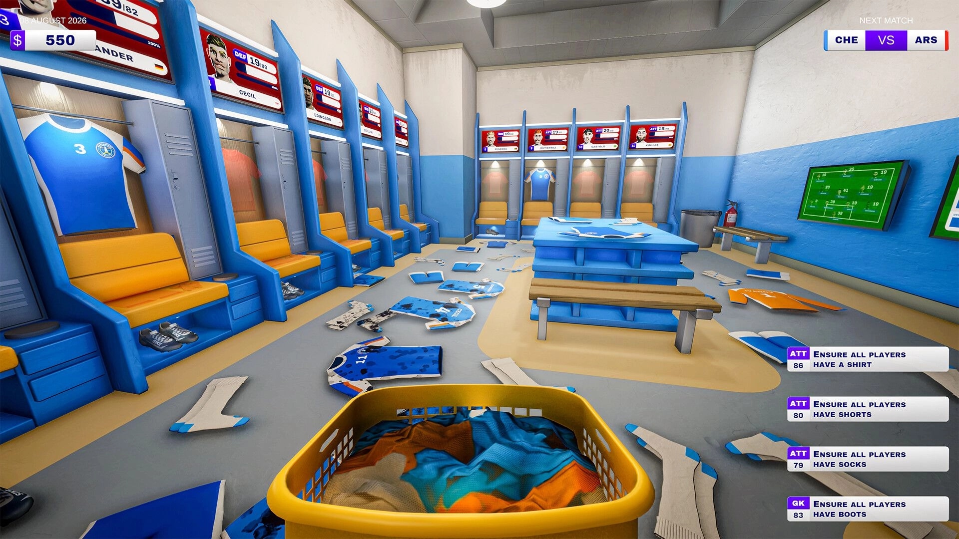 Kitman: Messy locker room with kits on floor and task list to ensure players have gear stadium backroom.