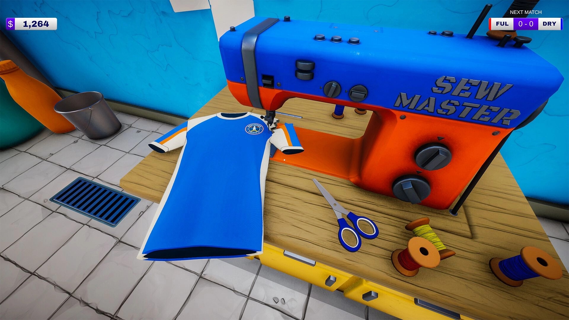 Kitman: Sewing a blue team jersey on a SEW MASTER machine in a tiled stadium backroom workshop.
