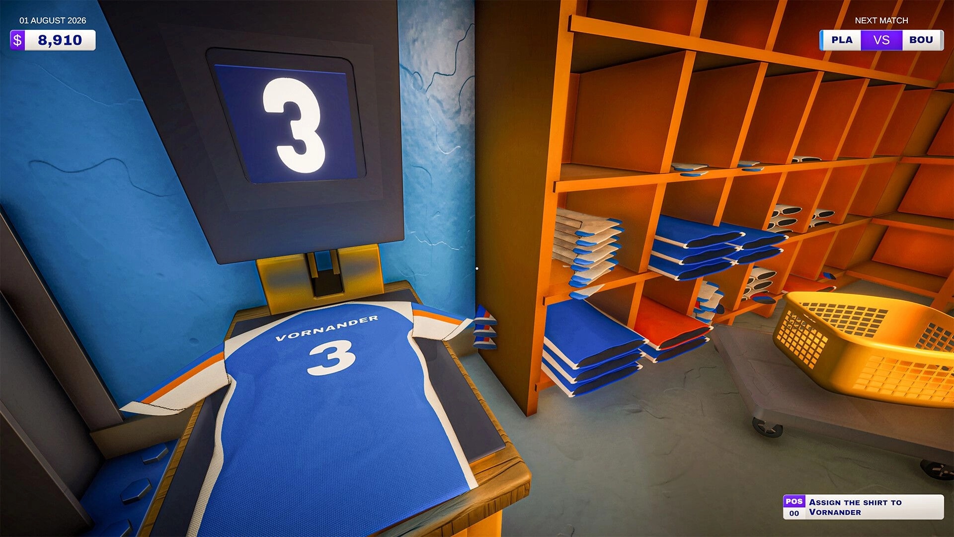 Kitman: Assigning jersey number 3 at a press machine in locker room with shelves and laundry basket.
