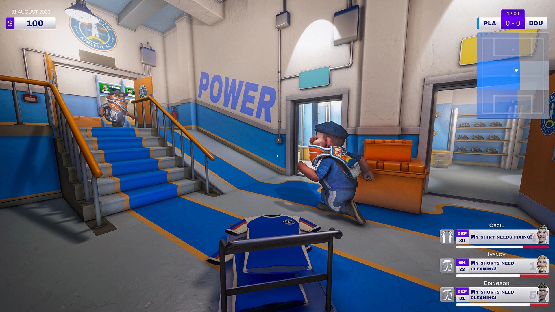 Kitman: Player runs past laundry cart as tasks pop up in a stadium locker room corridor with stairs.