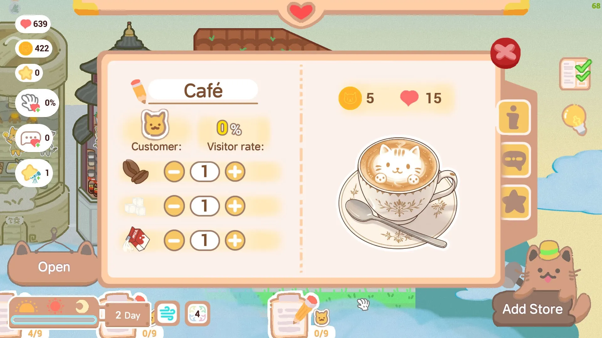 Kitten Food Alley: Café management screen with cat latte art, visitor rate, and resource adjustment options.