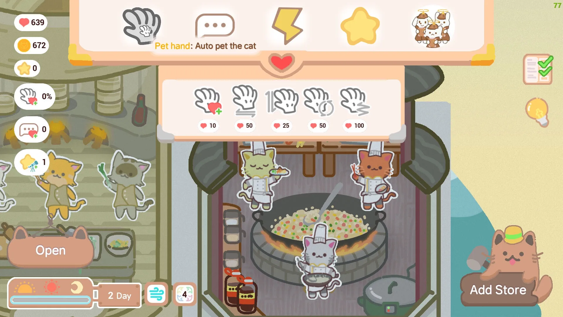 Kitten Food Alley: Cat chefs cooking in a kitchen with various UI elements and petting options visible