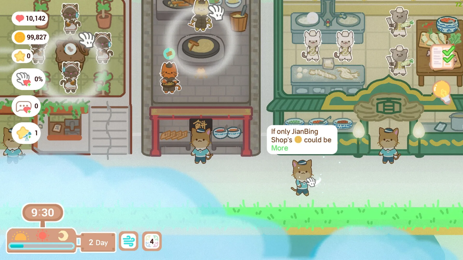 Kitten Food Alley: Cat employees petting scene with food stats and chat bubble in a bustling shop setting