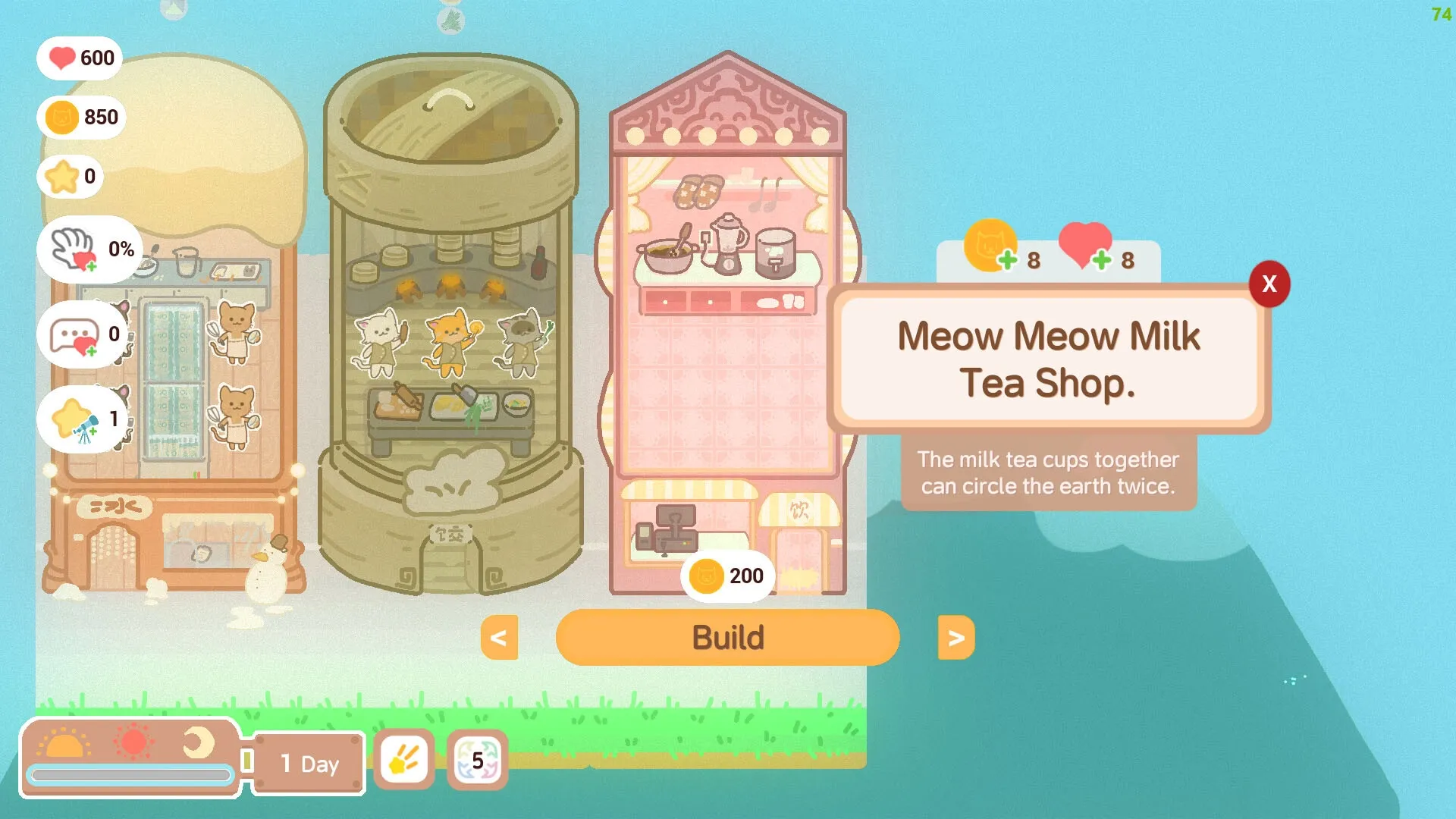 Kitten Food Alley: Cats manage shops with milk tea and petting stats displayed on the left UI panel.