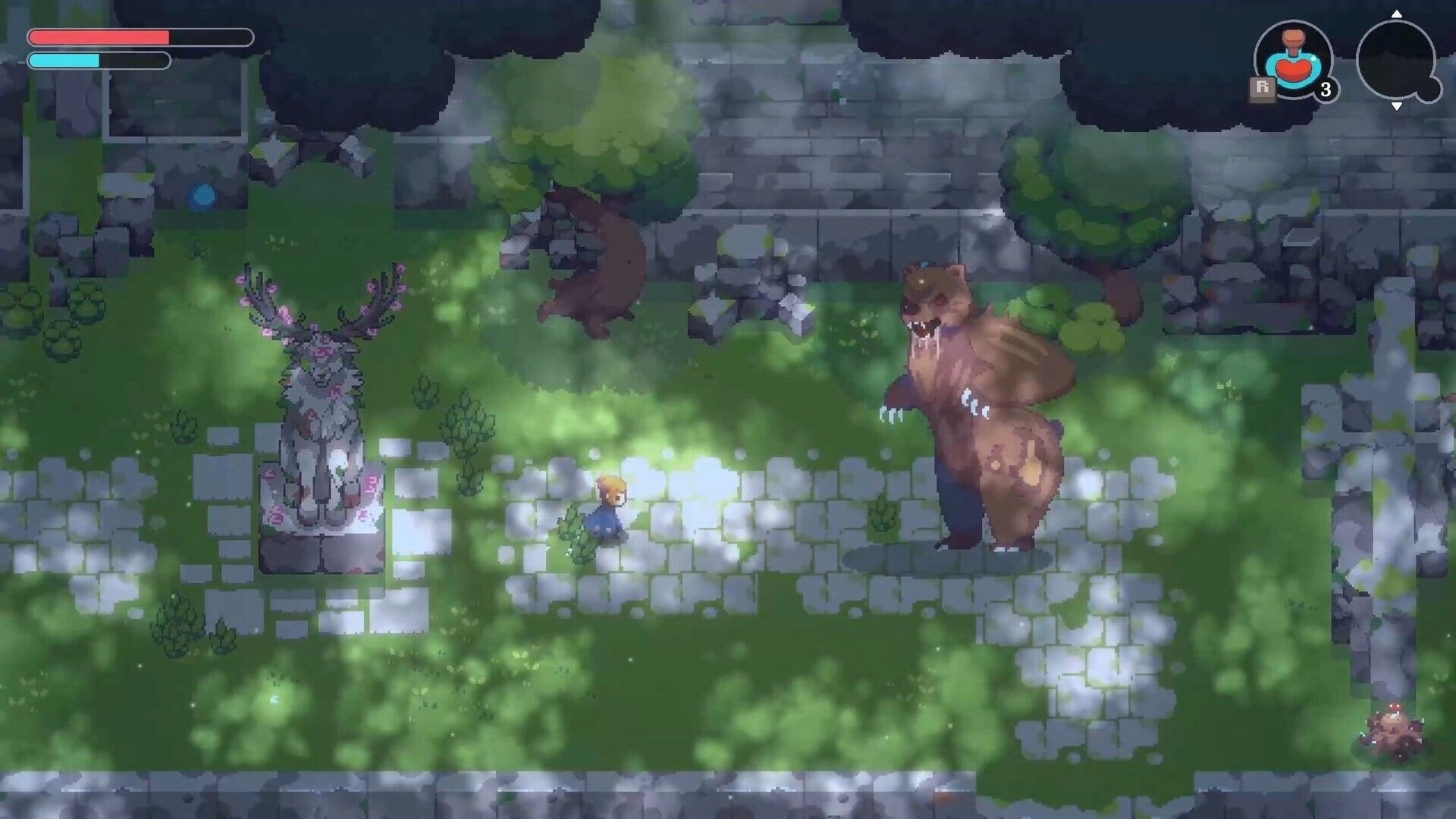 Kloa: Player faces a towering bear near a deer statue, with health bars, in mossy ruins courtyard.