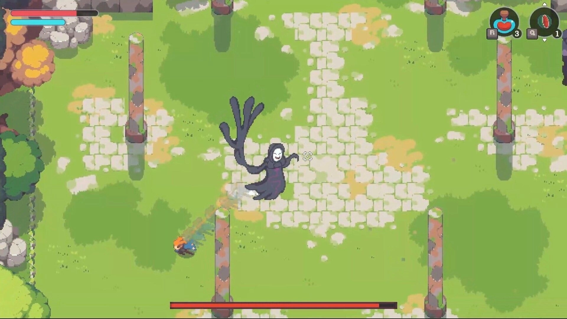 Kloa: Boss fight with shadowy wraith and player dodging on grassy stone courtyard with HUD bars.