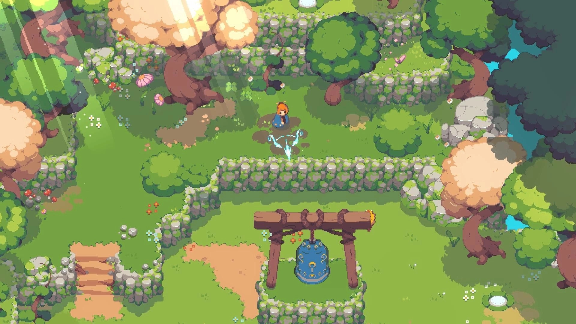 Kloa: Red-haired adventurer stands by glowing rune in a walled forest clearing with bell gate.