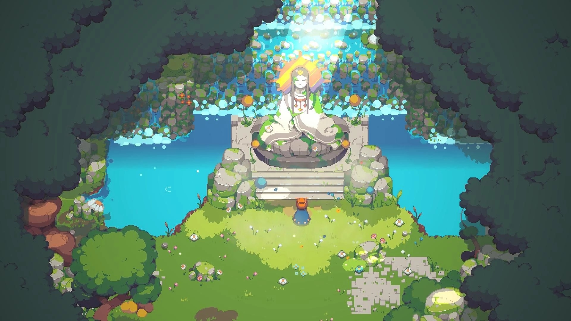 Kloa: Player character faces a glowing forest goddess statue on stone steps by bright pools.