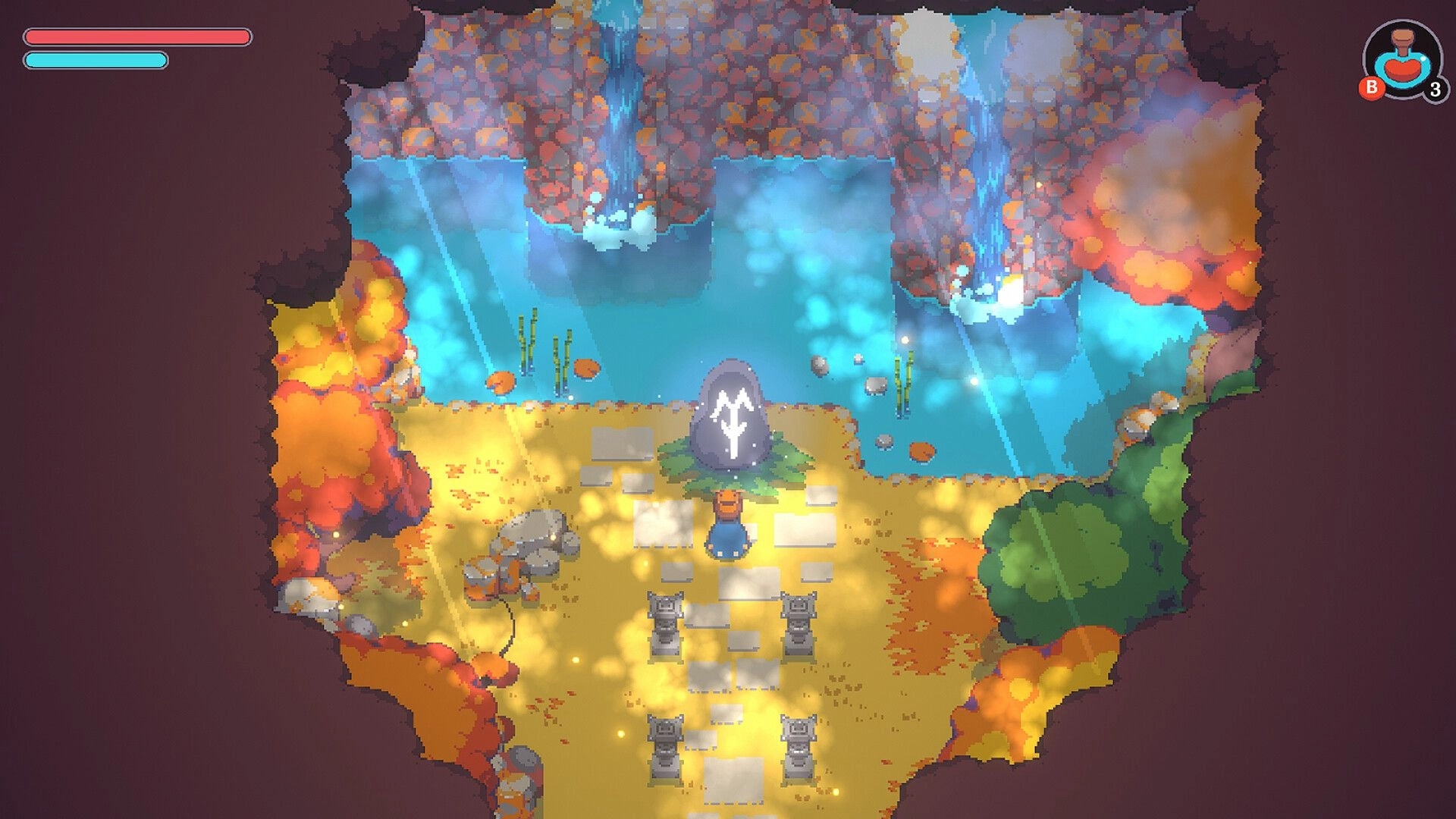 Kloa: Player stands before a rune stone by a lake with waterfalls, health bars and potion UI visible.