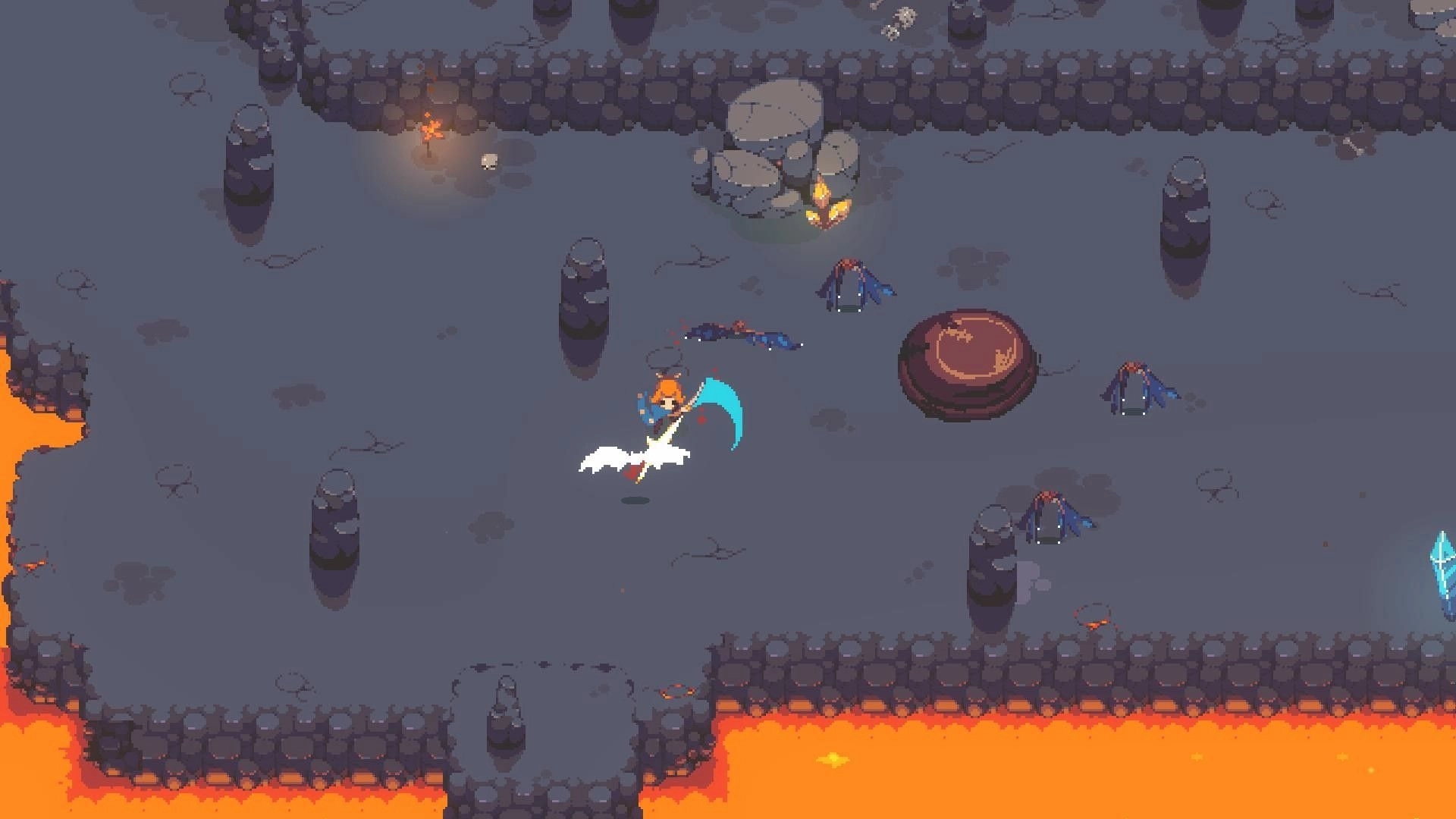 Kloa: Hero swings a scythe at bat enemies in a rocky cavern arena bordered by lava pools.
