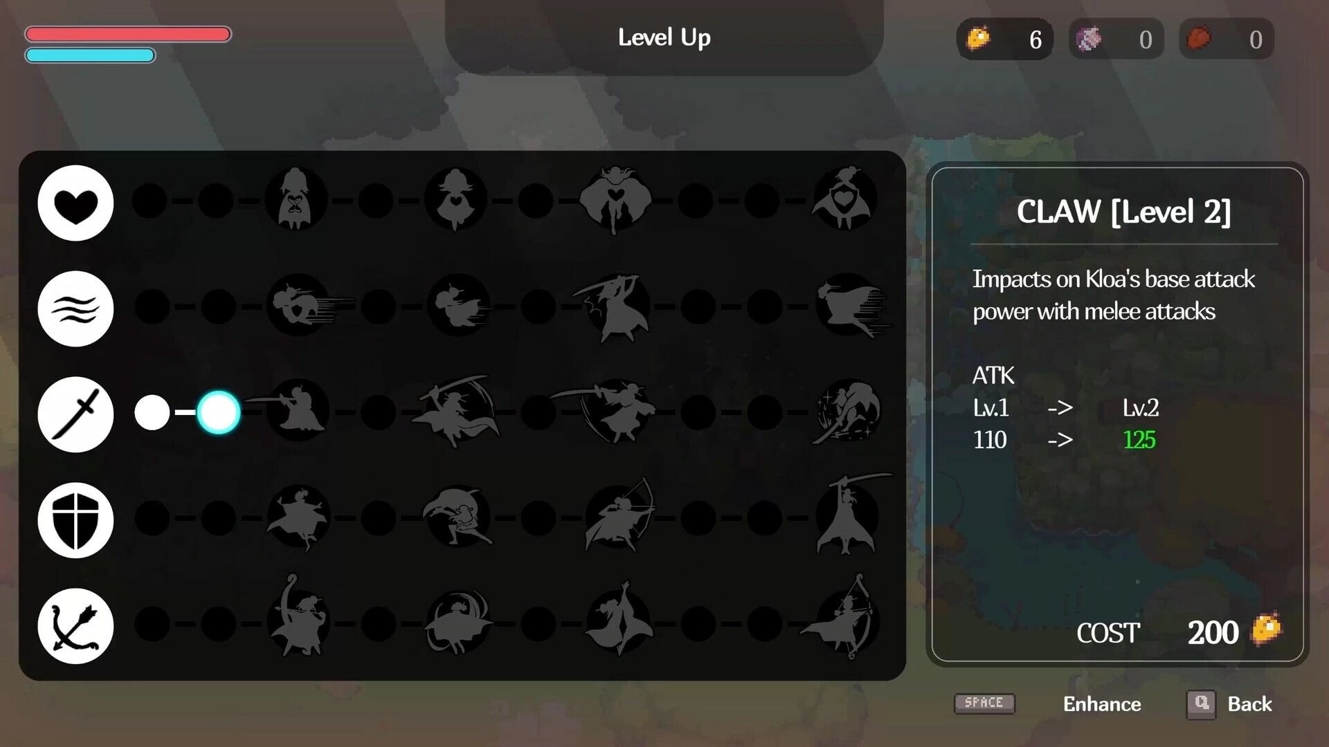 Kloa: Level Up skill tree with Claw Level 2 upgrade details over a blurred forest map background.