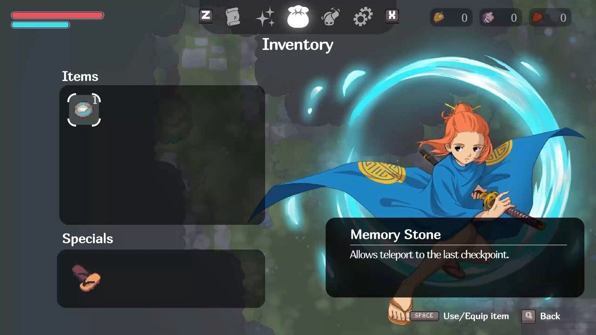 Kloa: Inventory menu highlighting Memory Stone item beside sword-wielding hero in forest backdrop.