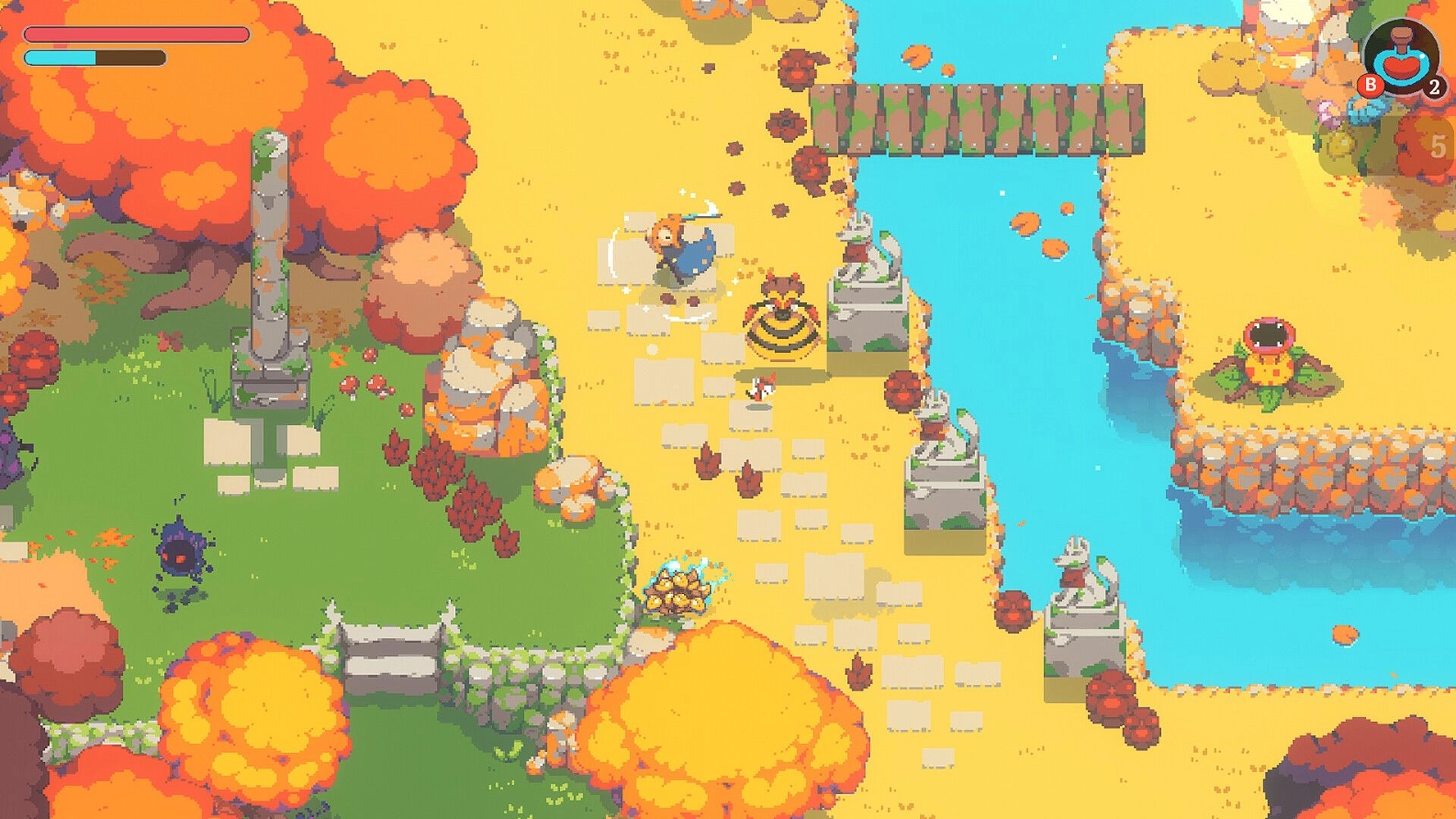 Kloa: Player swings a sword near stone statues and a river, with health bars and item UI.