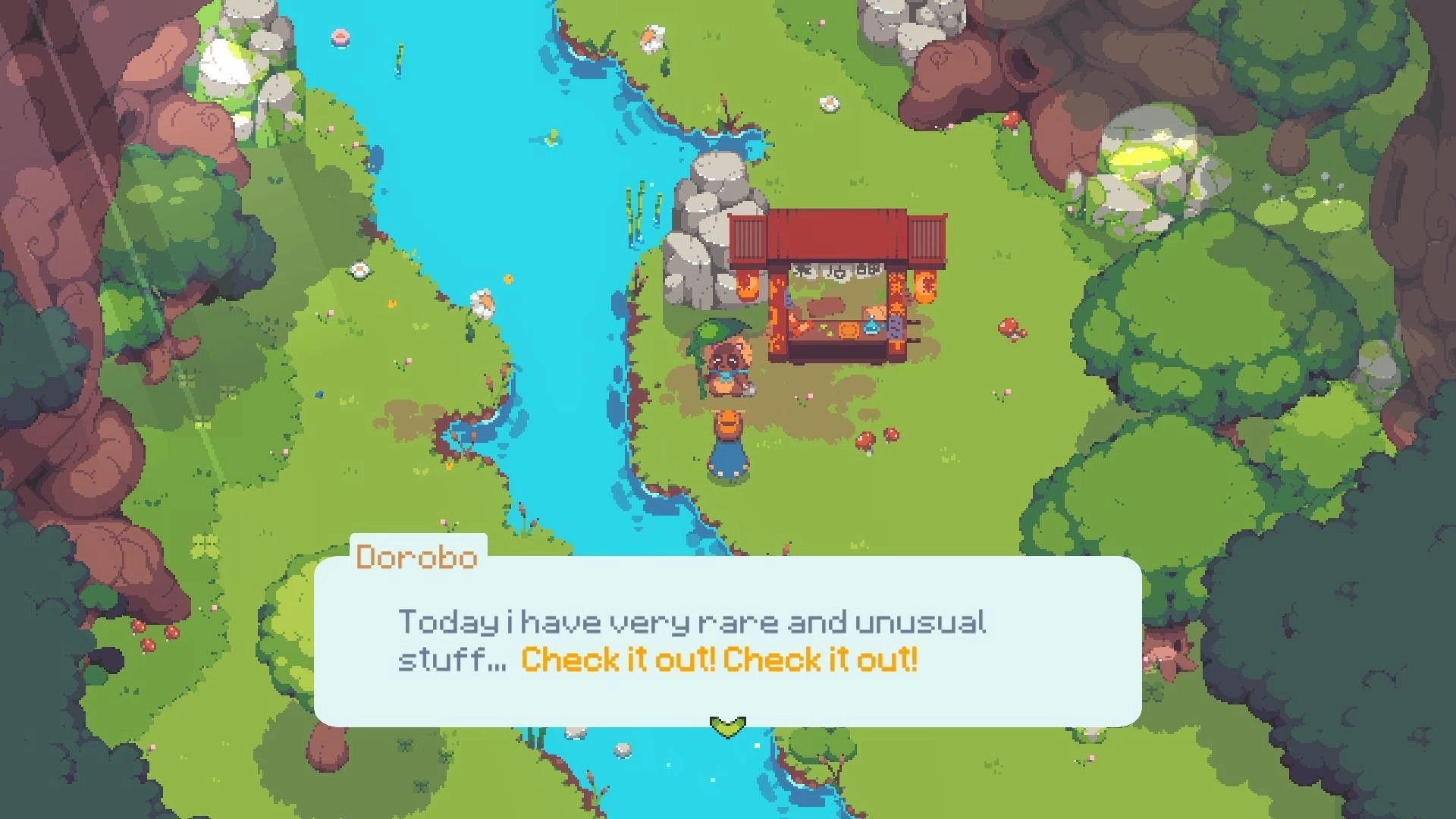 Kloa: Dialogue with Dorobo at a merchant stall beside a river in a bright forest clearing.