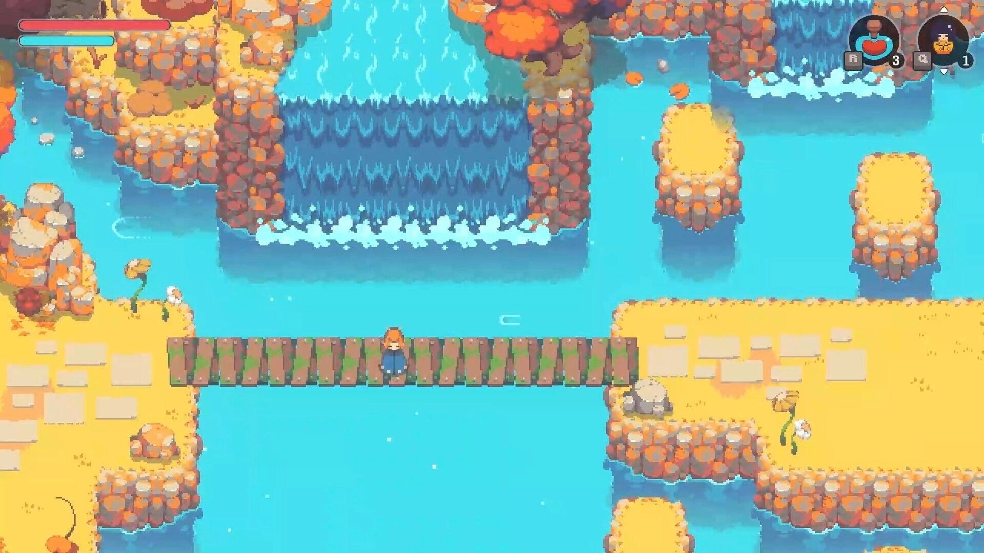 Kloa: Character stands on wooden bridge over river with health bars and item icons in UI above rocky islets.