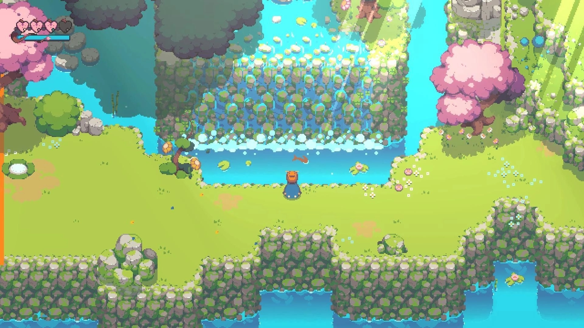 Kloa: Player character faces a river and waterfall with hearts UI in a bright pixel forest clearing.