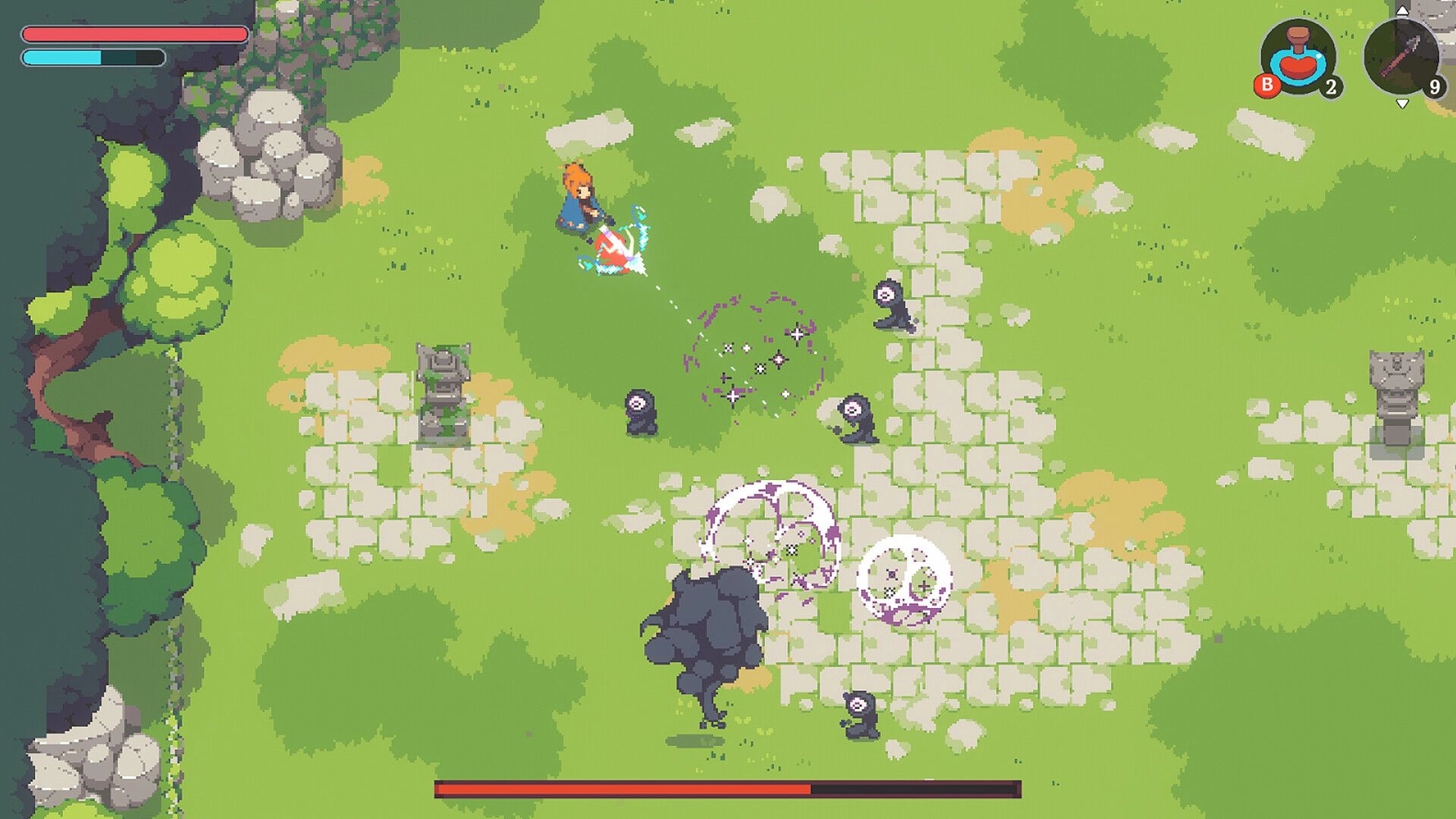 Kloa: Hero aims a glowing attack at shadow enemies on grassy stone ruins with health and item UI.