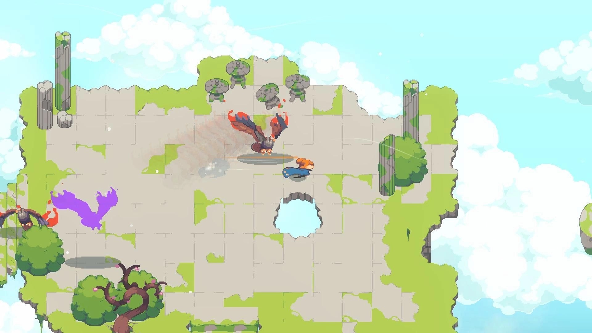 Kloa: Hero dodges a swooping bird enemy on a floating stone platform above the clouds.