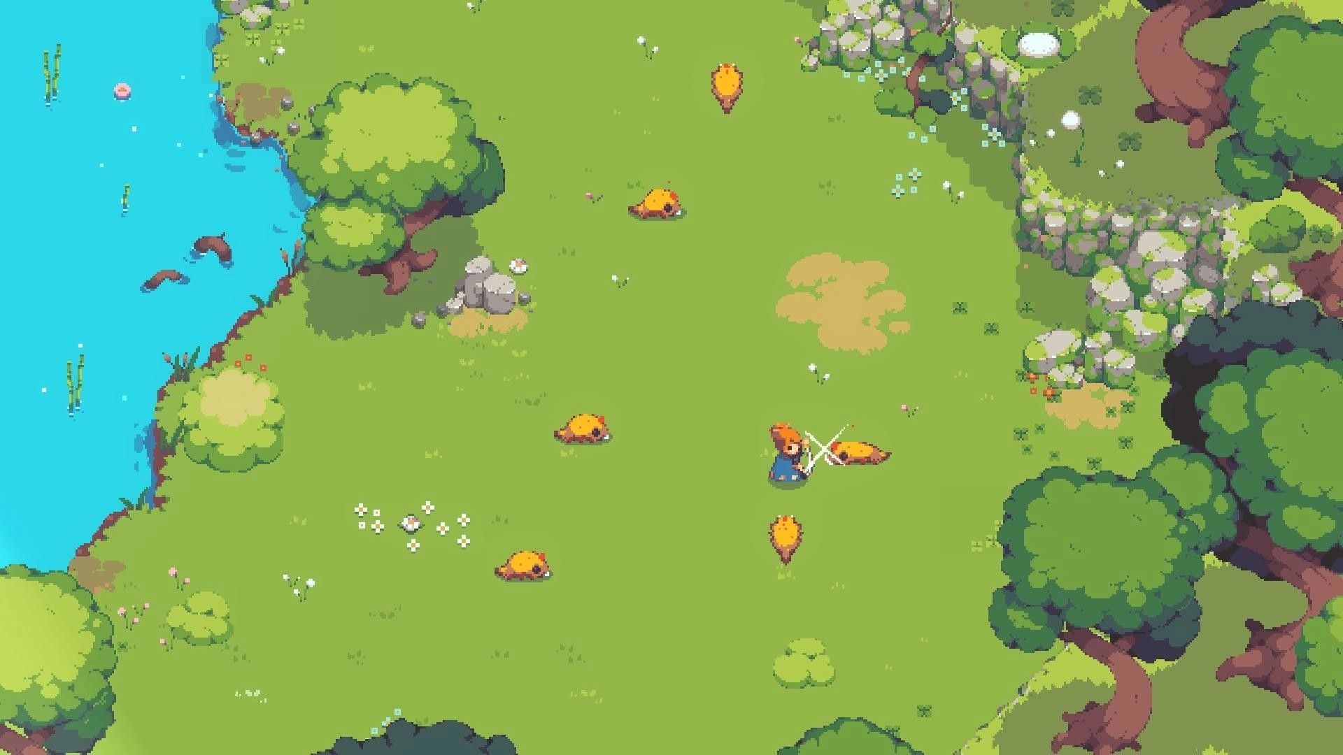 Kloa: Red-haired adventurer swings sword at orange critter in grassy clearing by riverbank.