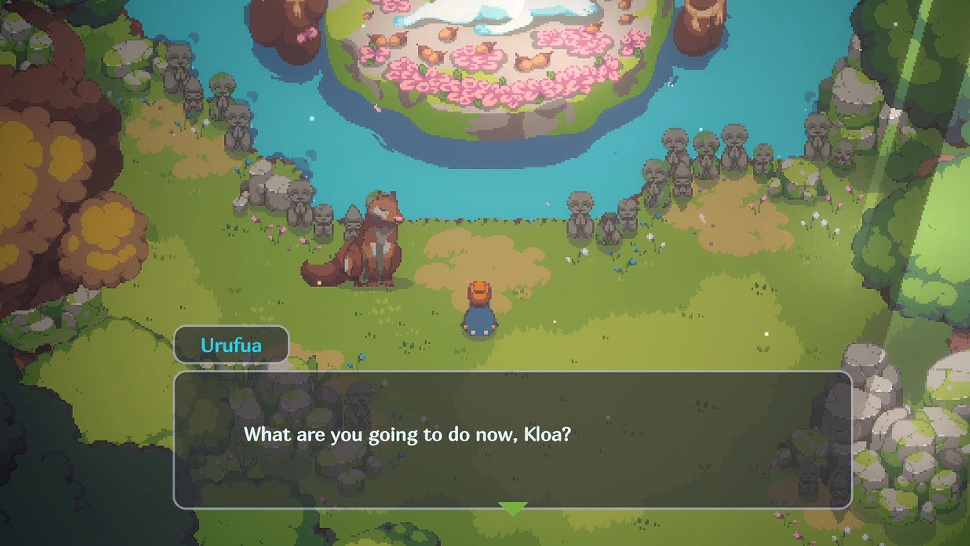 Kloa: Dialogue with Urufua as Kloa faces a fox by a river and stone statues in a forest clearing.